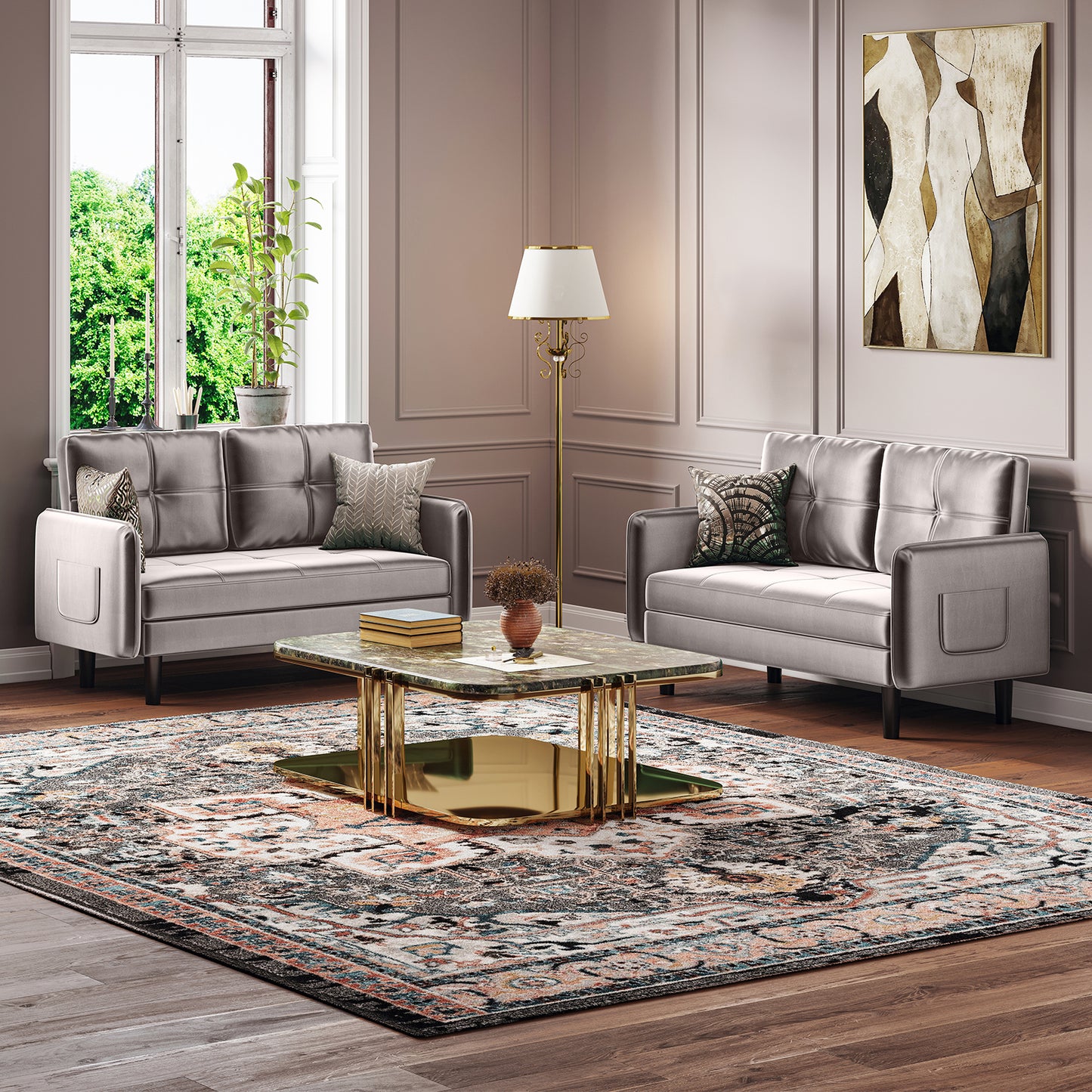 Modern 2-Seater Velvet Sofa with Cushions and Side Pockets