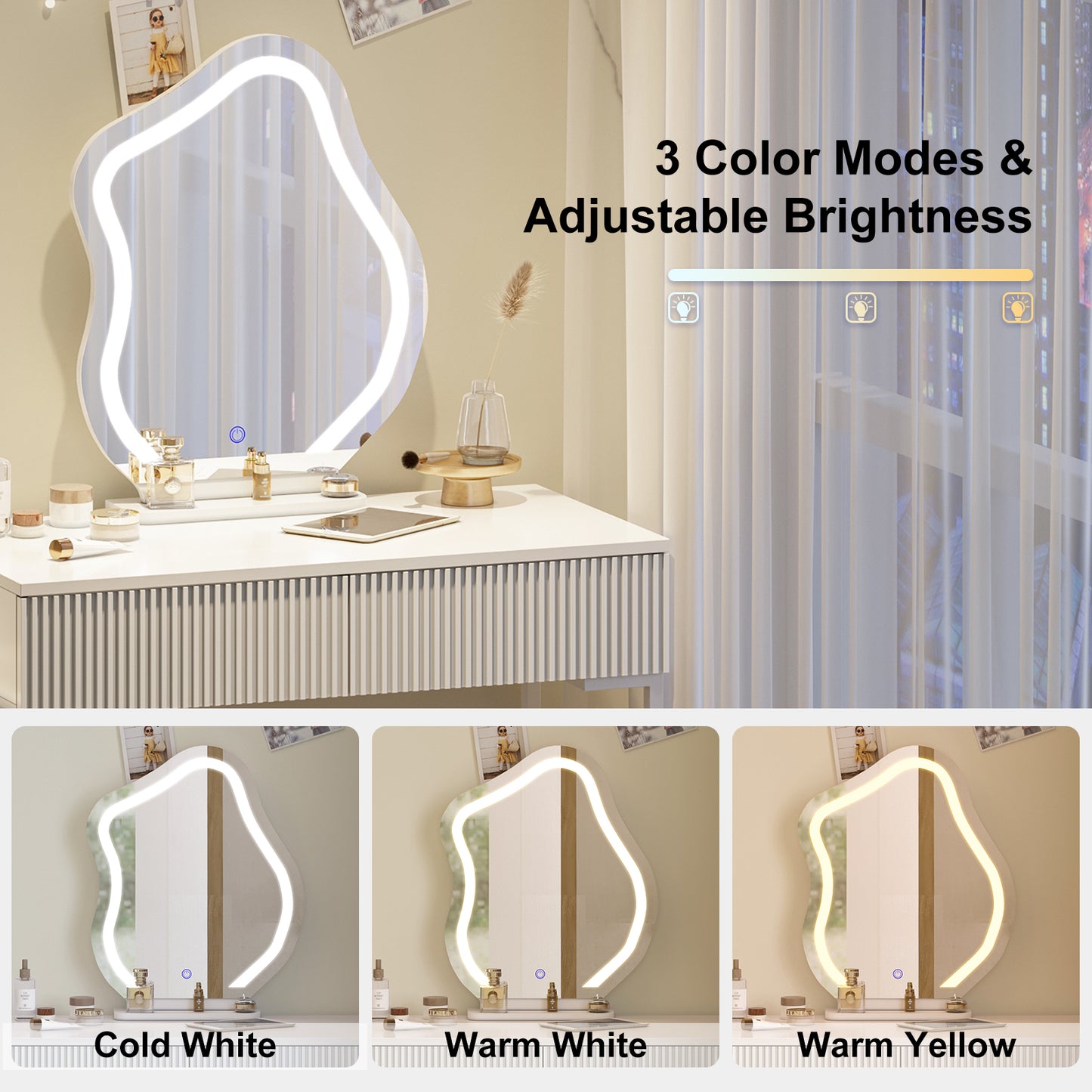 Modern White Dressing Table with Cloud Shape Mirror