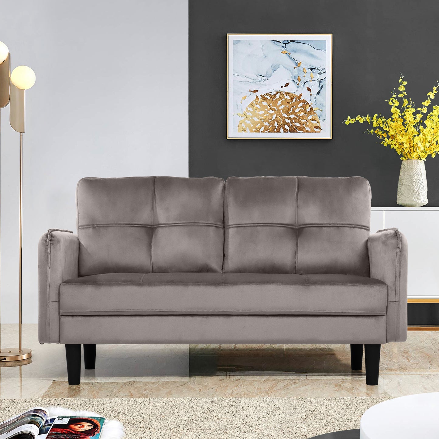 Modern 2-Seater Velvet Sofa with Cushions and Side Pockets