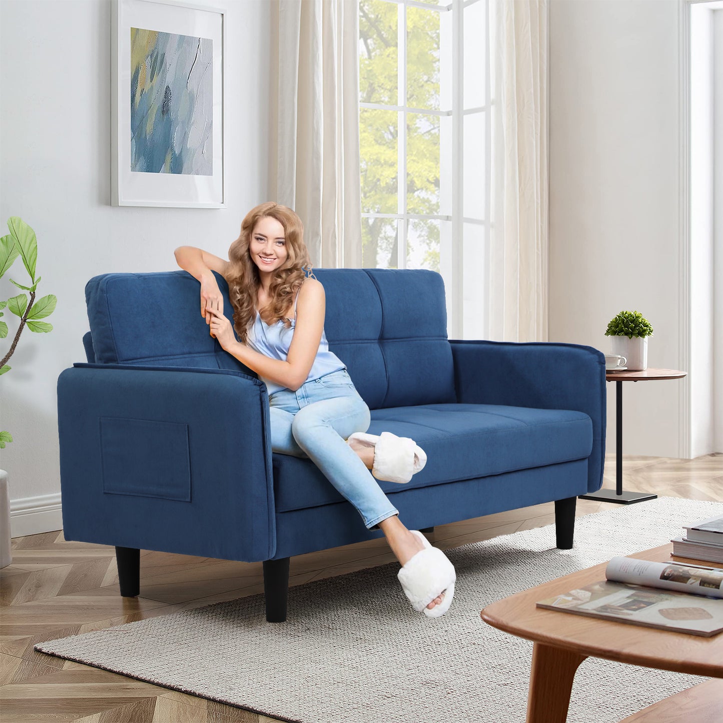 Modern 2-Seater Faux Lambswool Sofa with Thicken Cushions