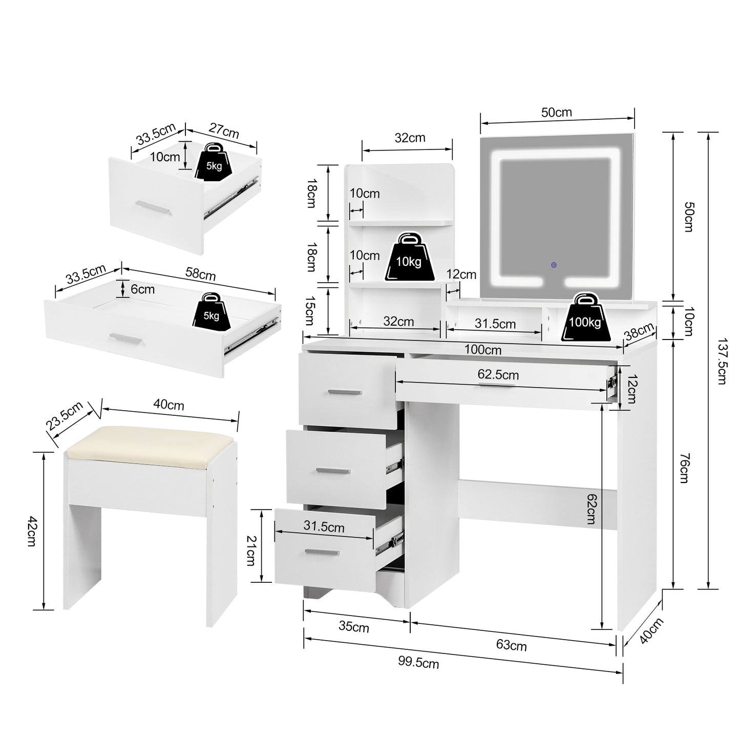 White Dressing Table with Square Mirror