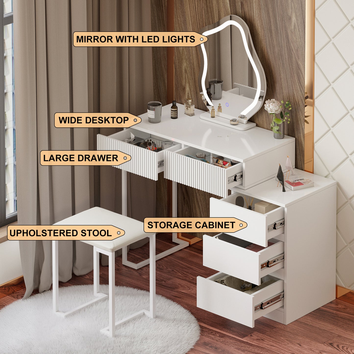 Modern White Dressing Table with Cloud Shape Mirror