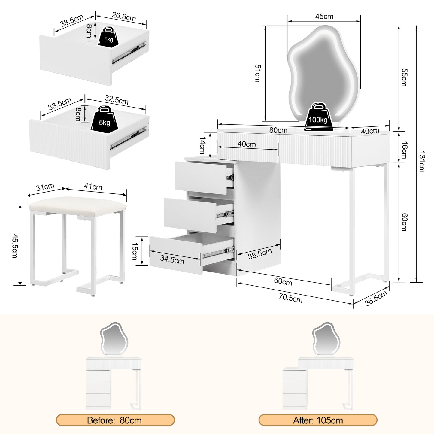 Modern White Dressing Table with Cloud Shape Mirror