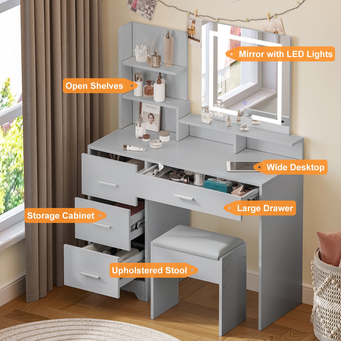 White Dressing Table with Square Mirror