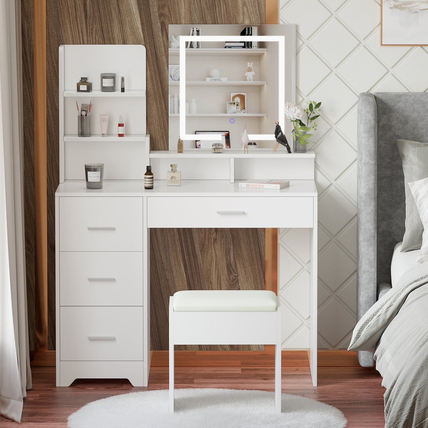 White Dressing Table with Square Mirror