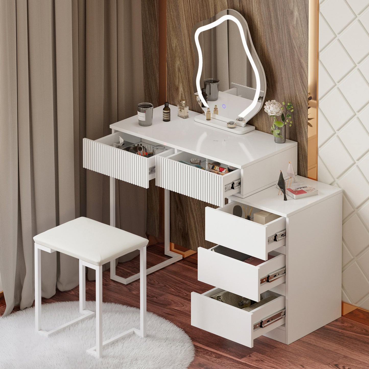 Modern White Dressing Table with Cloud Shape Mirror