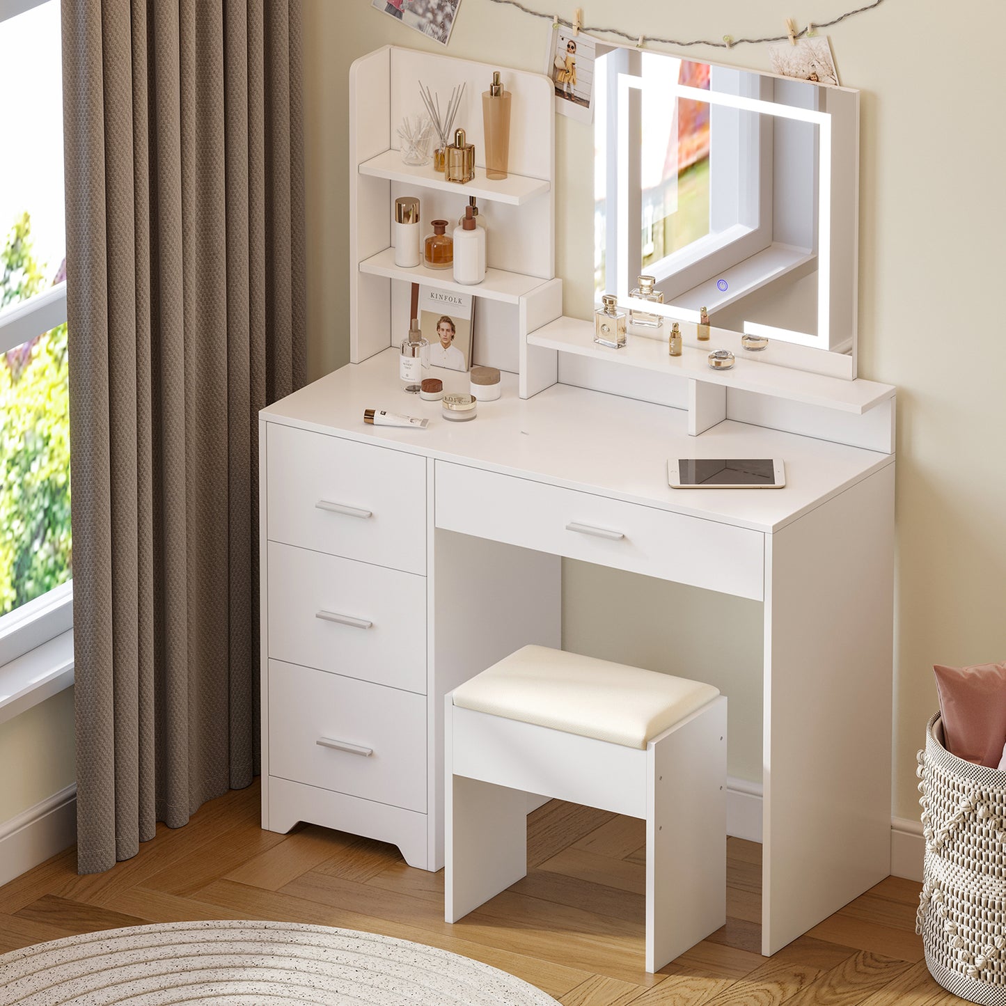 White Dressing Table with Square Mirror