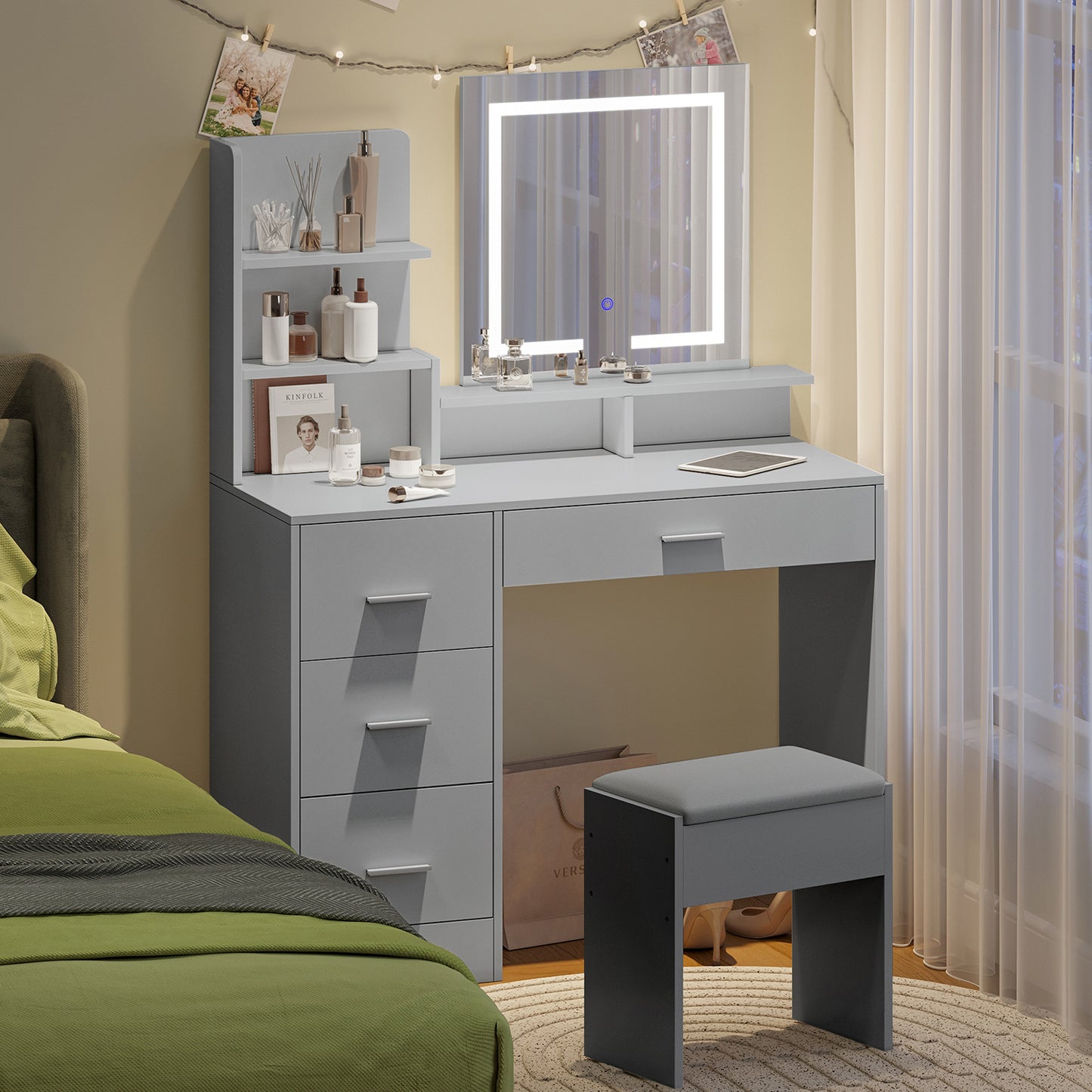 White Dressing Table with Square Mirror
