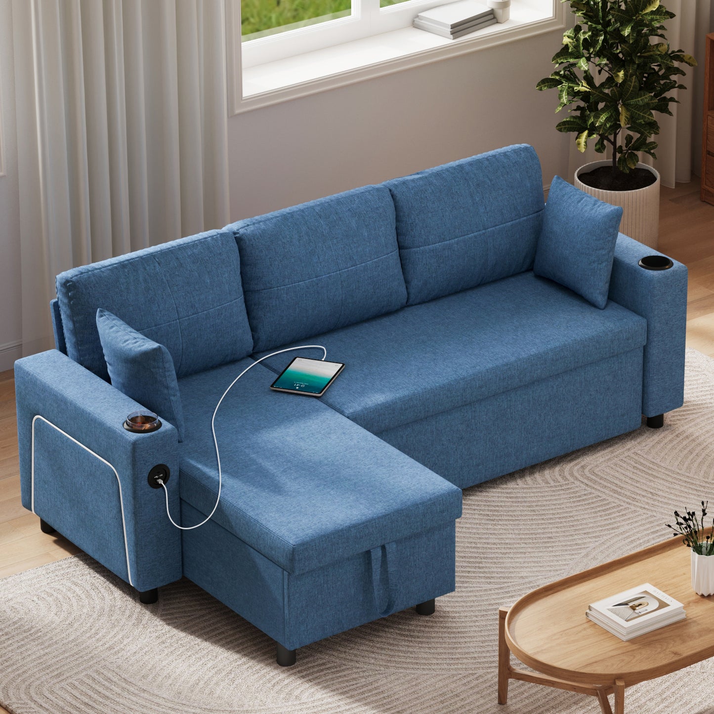 Convertible L-Shaped Sofa Bed with LED Light