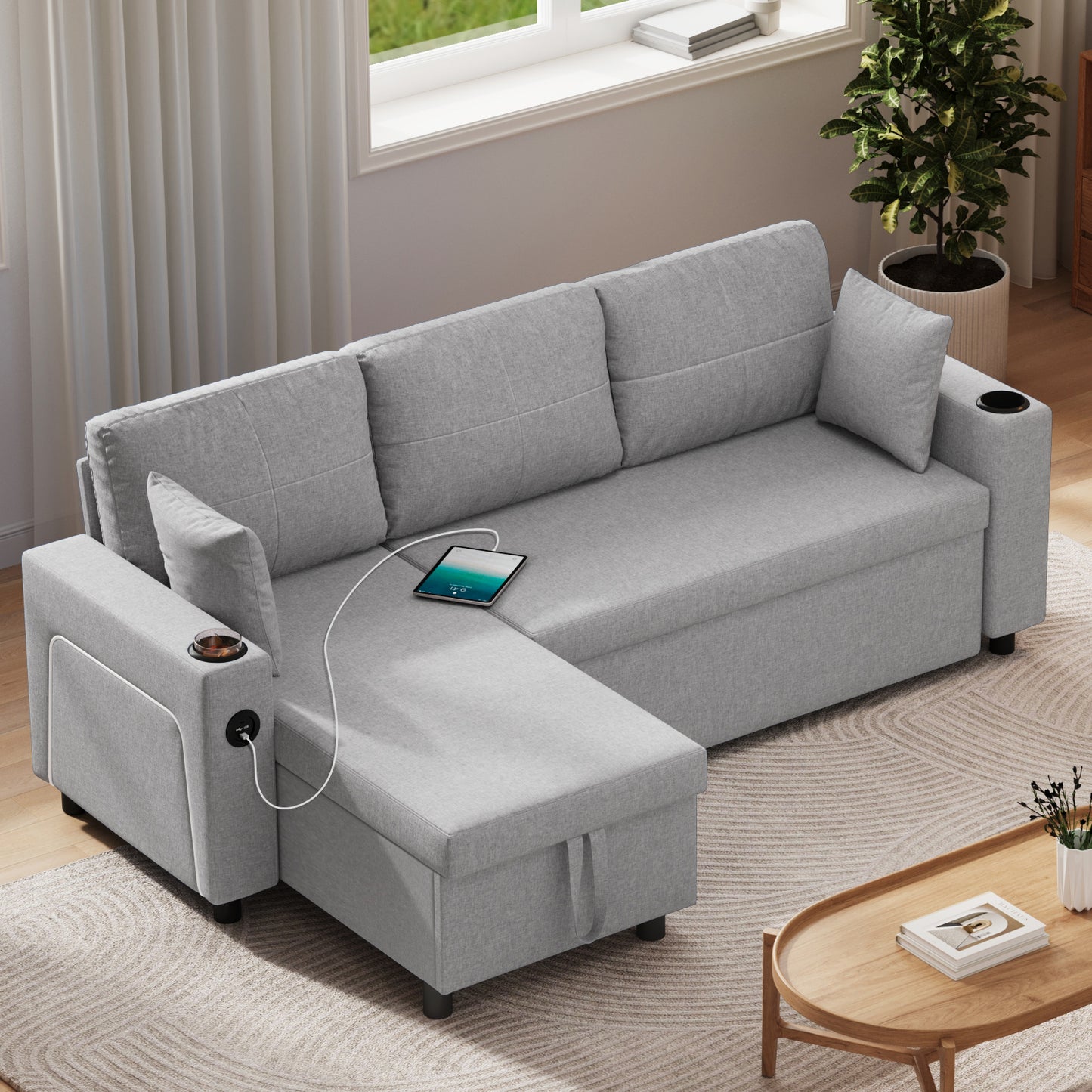 Convertible L-Shaped Sofa Bed with LED Light