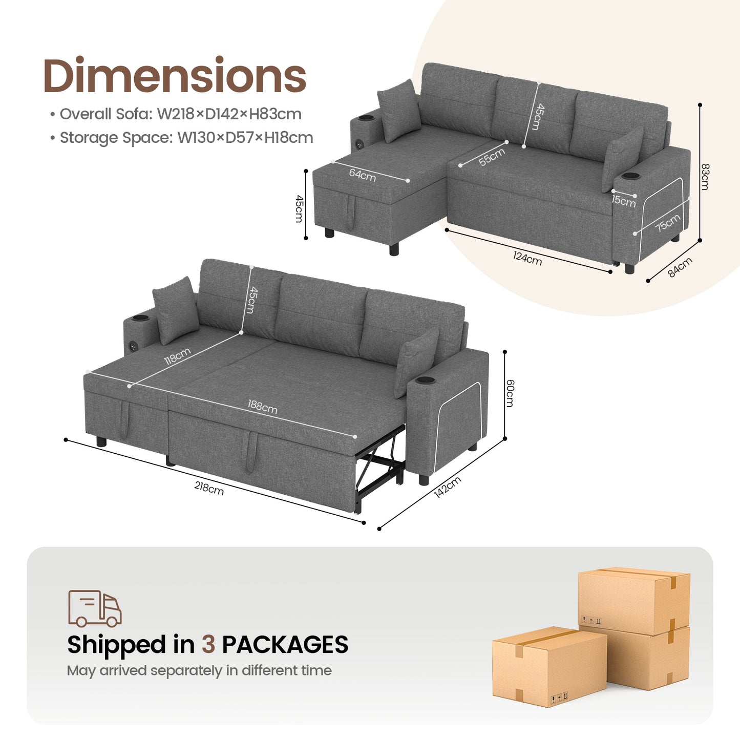 Convertible L-Shaped Sofa Bed with LED Light