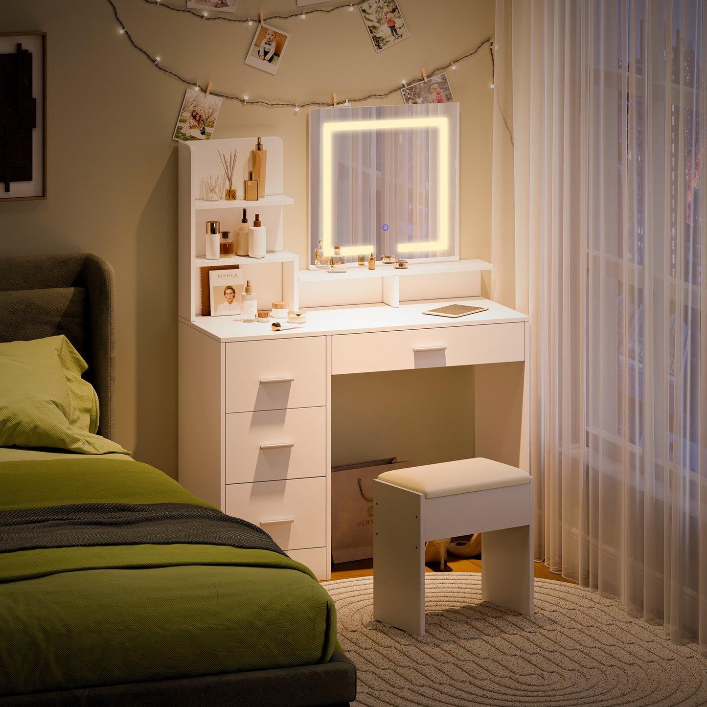White Dressing Table with Square Mirror