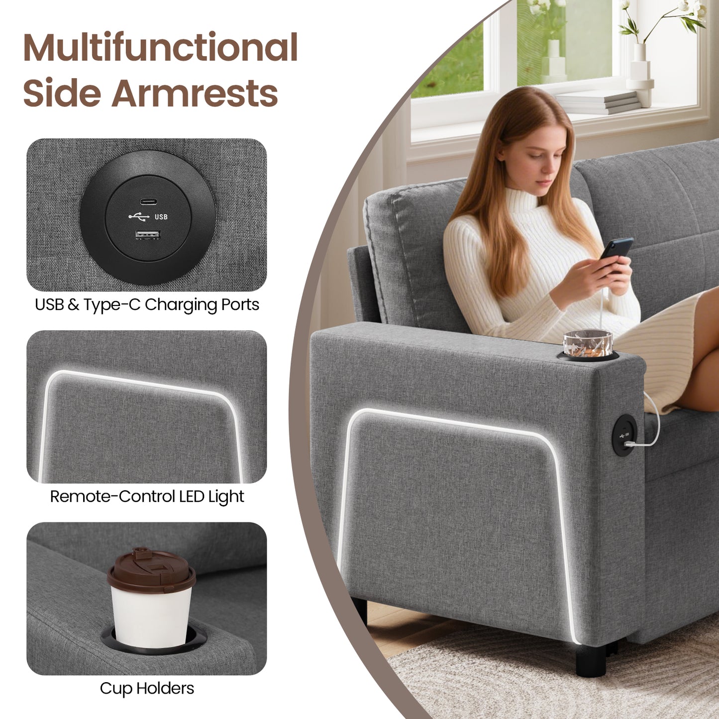 Convertible L-Shaped Sofa Bed with LED Light