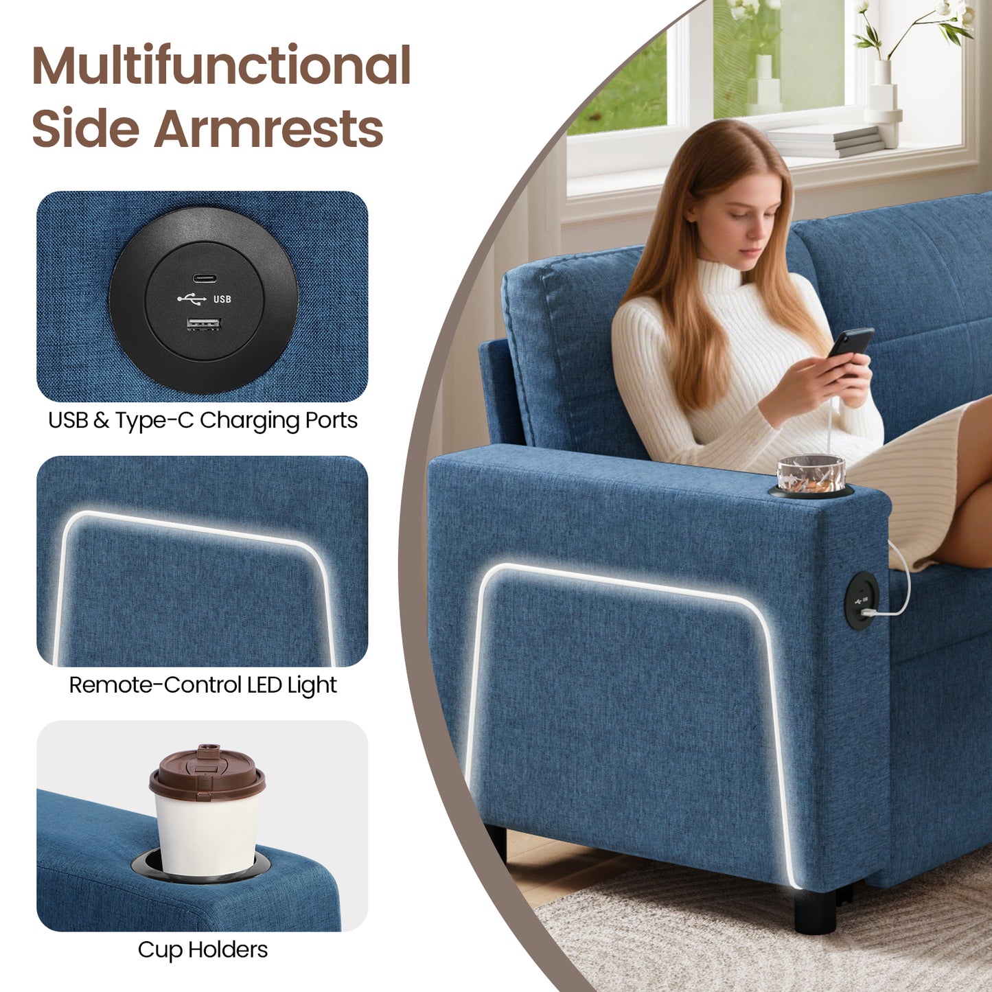 Convertible L-Shaped Sofa Bed with LED Light