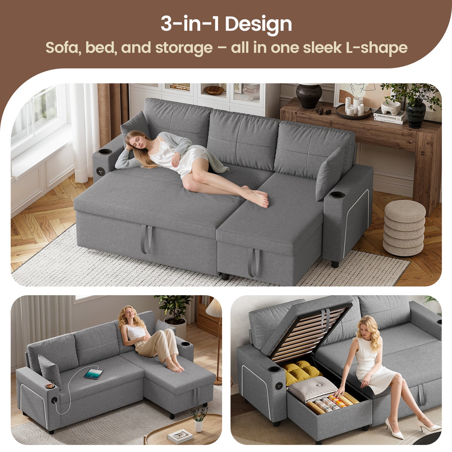 Convertible L-Shaped Sofa Bed with LED Light