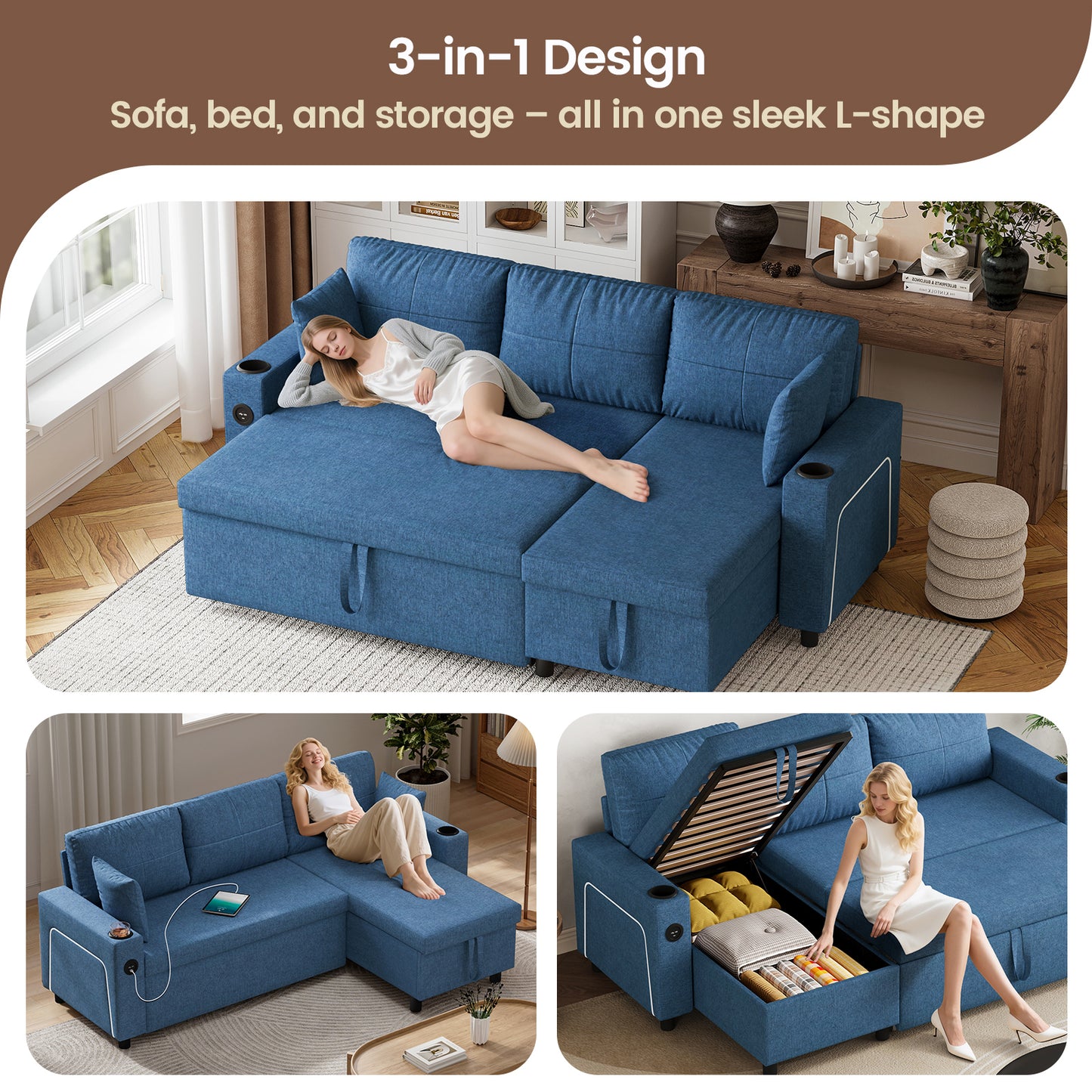 Convertible L-Shaped Sofa Bed with LED Light