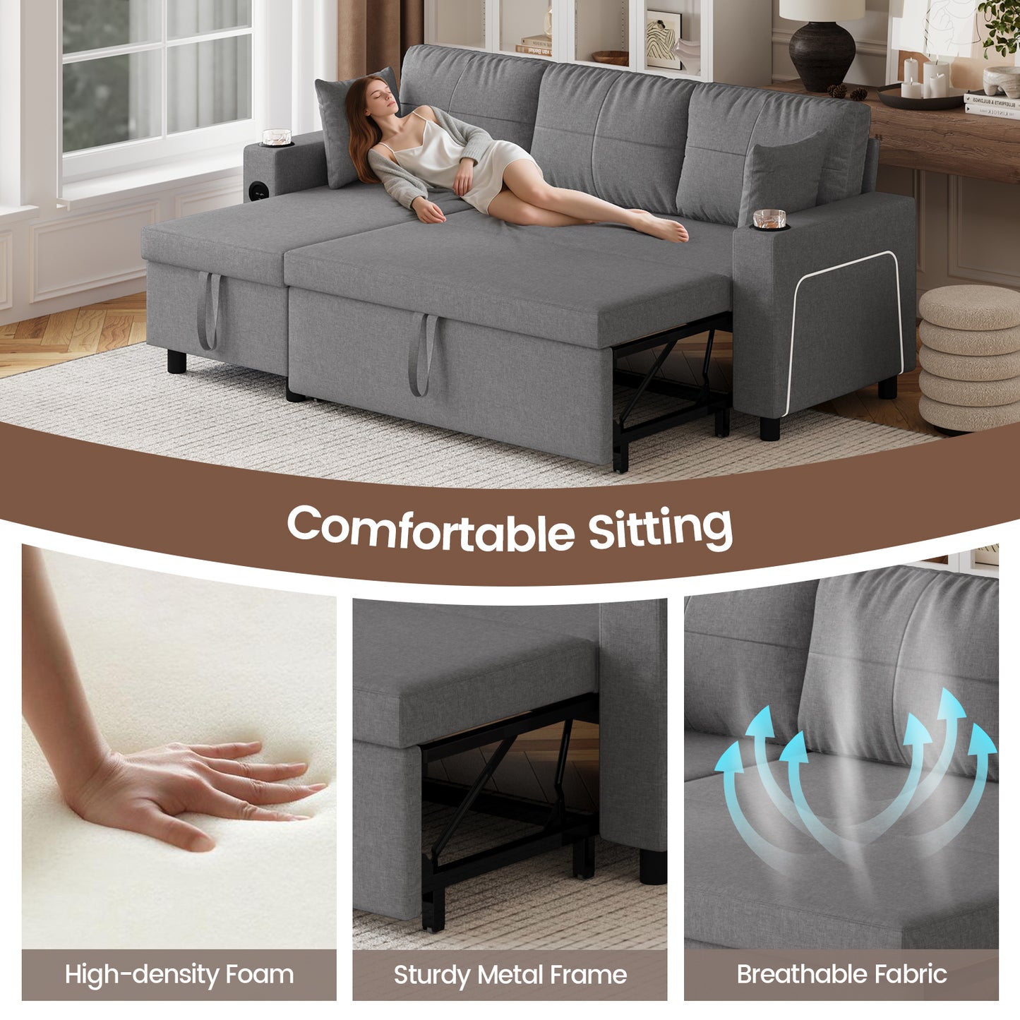 Convertible L-Shaped Sofa Bed with LED Light
