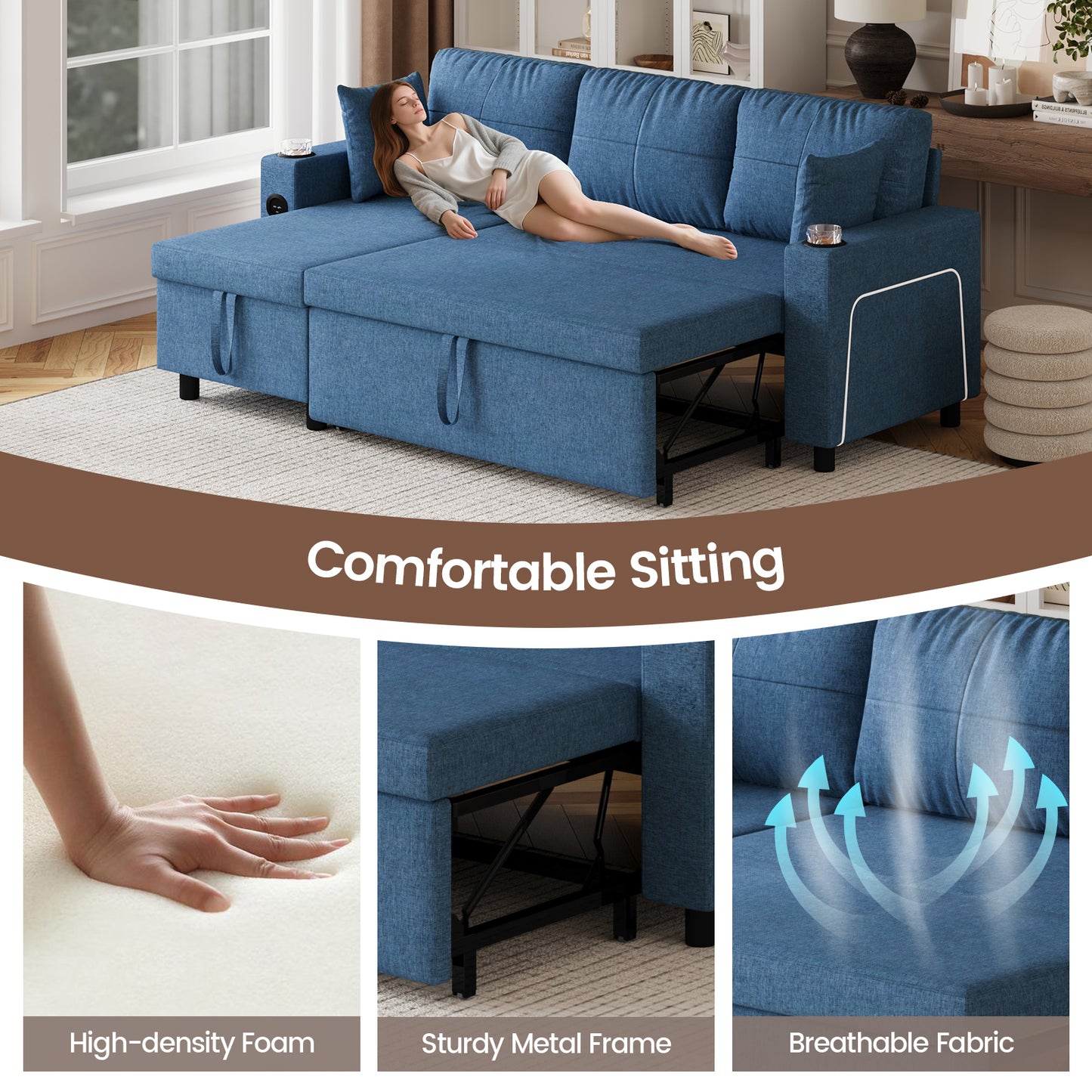 Convertible L-Shaped Sofa Bed with LED Light