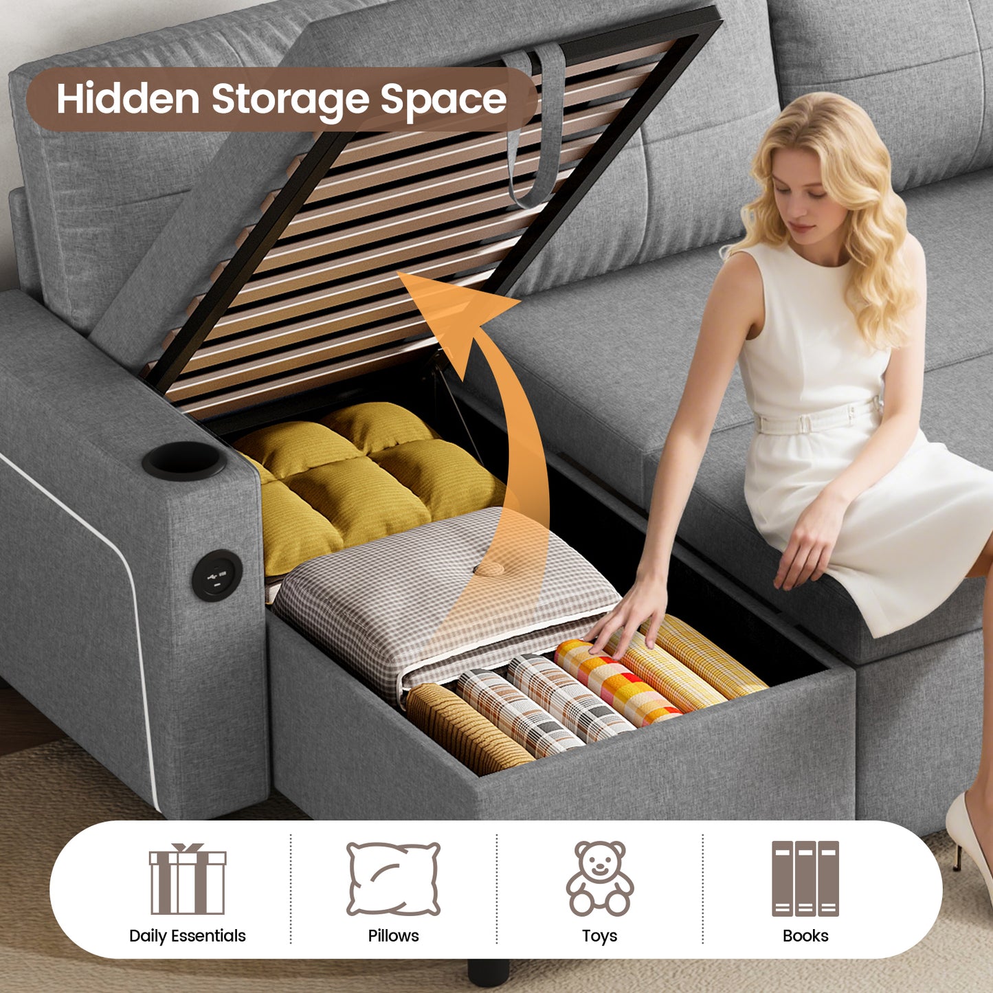 Convertible L-Shaped Sofa Bed with LED Light