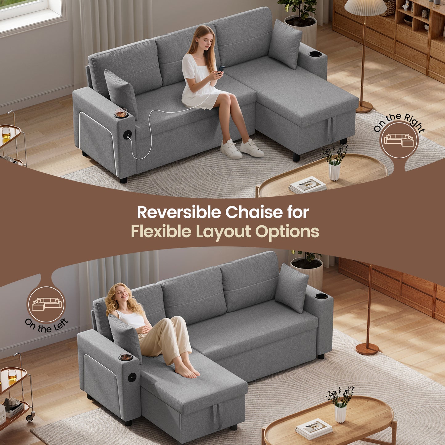 Convertible L-Shaped Sofa Bed with LED Light