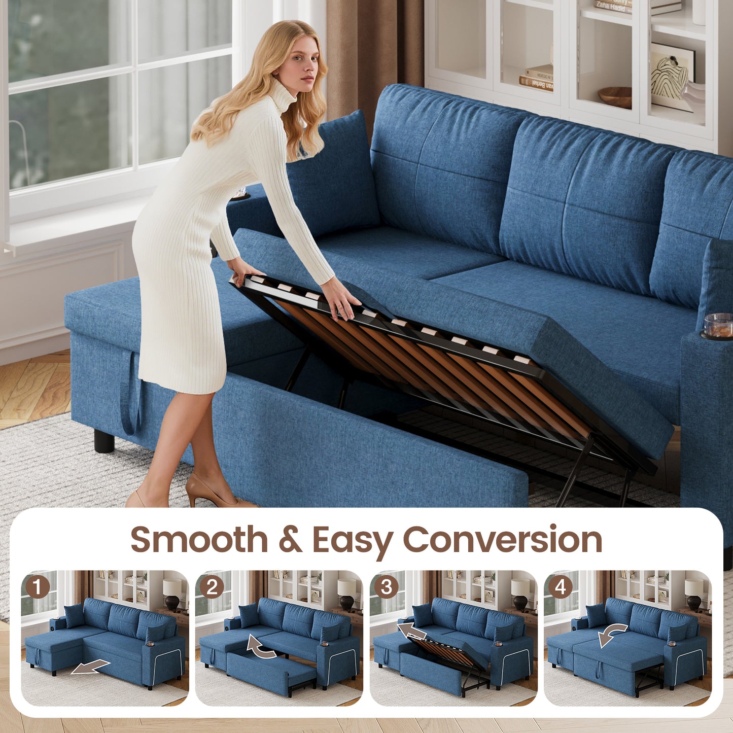 Convertible L-Shaped Sofa Bed with LED Light