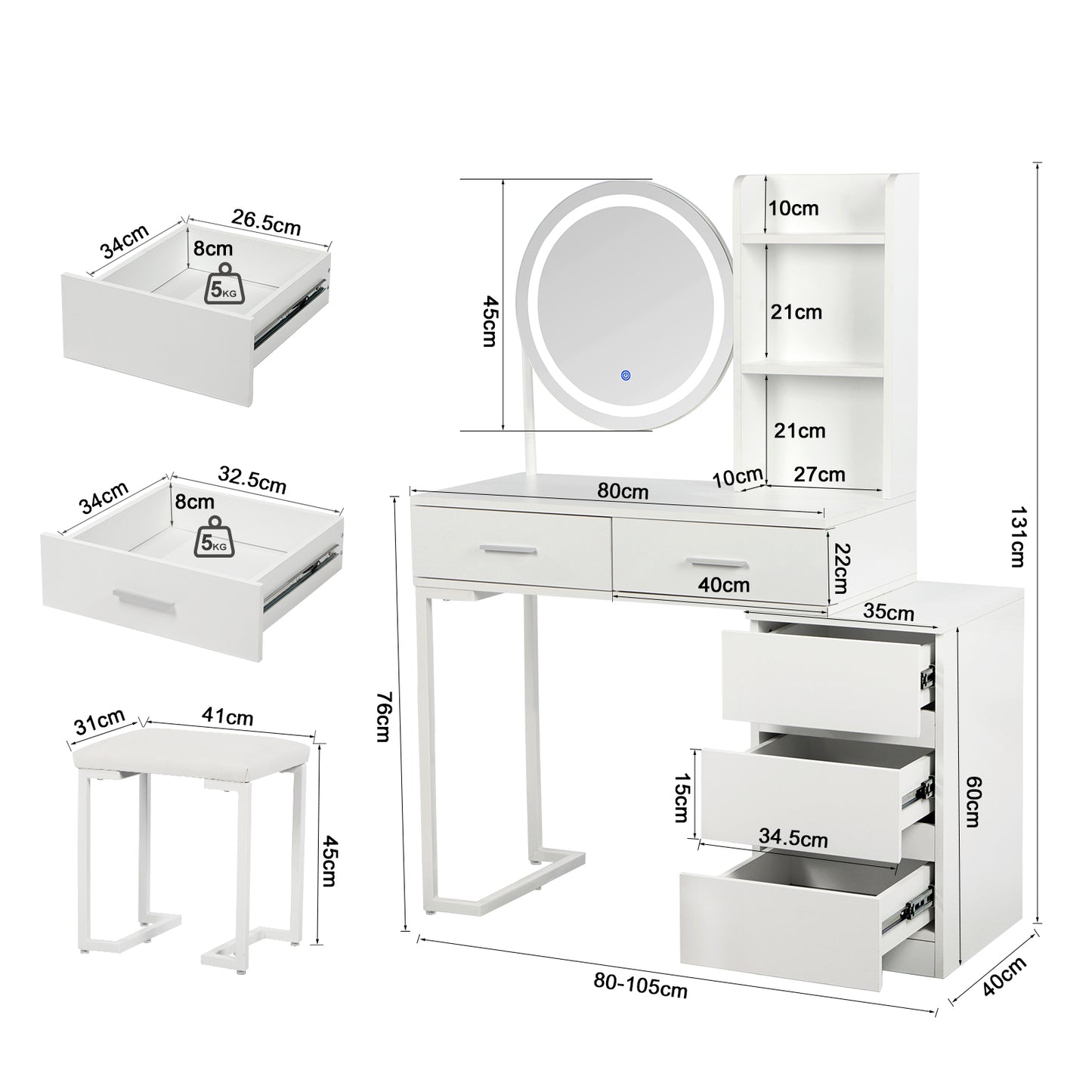 White Vanity Table with LED Round Mirror