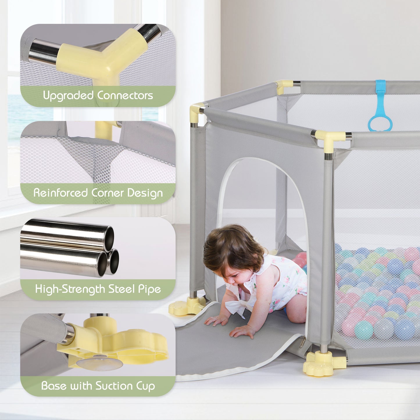 Hello5ive 6-Panel Anti-Slip Baby Playpen Grey