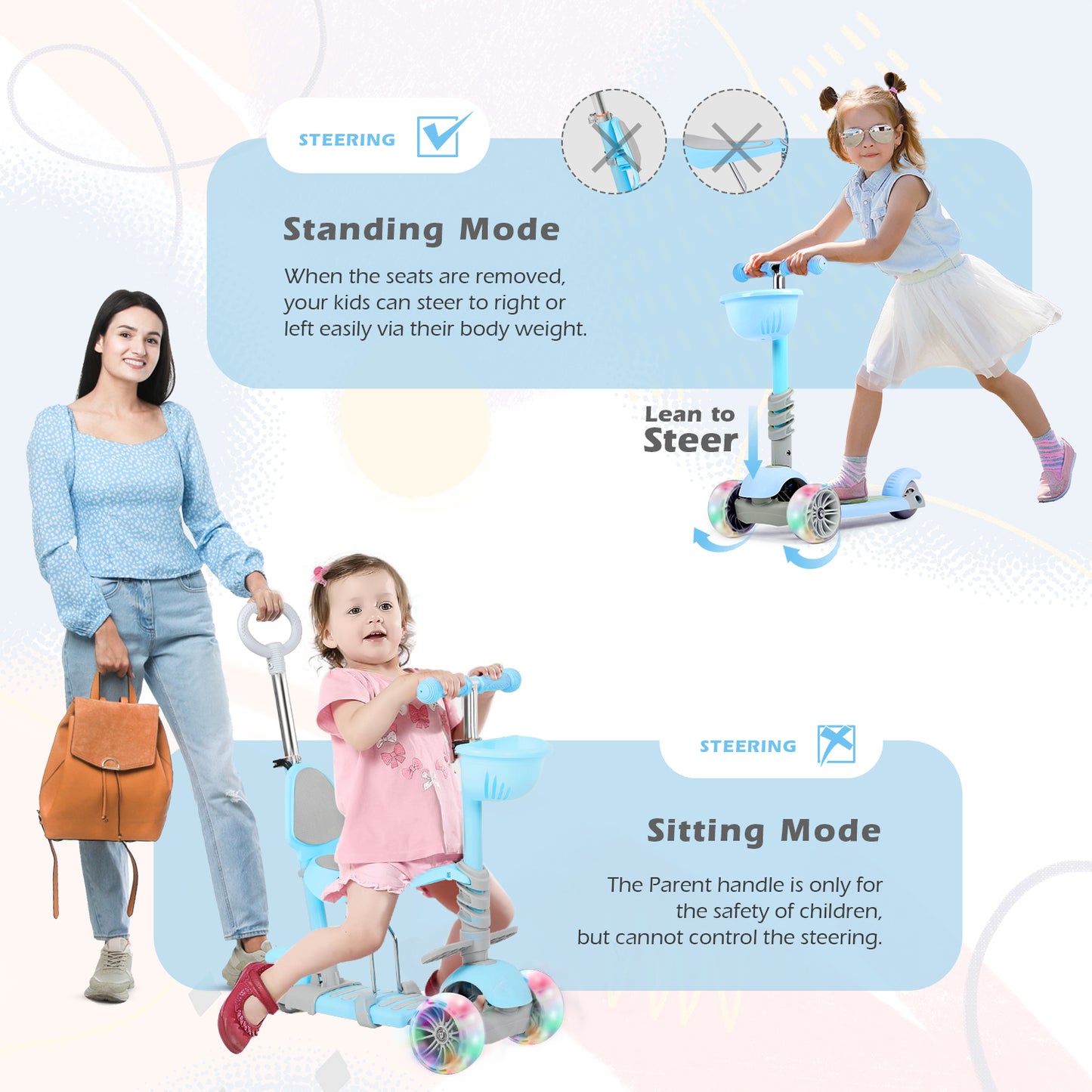5 in 1 Kick Scooter for Kids with LED Lights