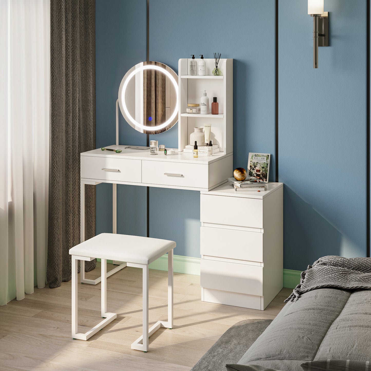 White Vanity Table with LED Round Mirror