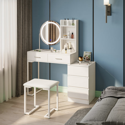 White Vanity Table with LED Round Mirror
