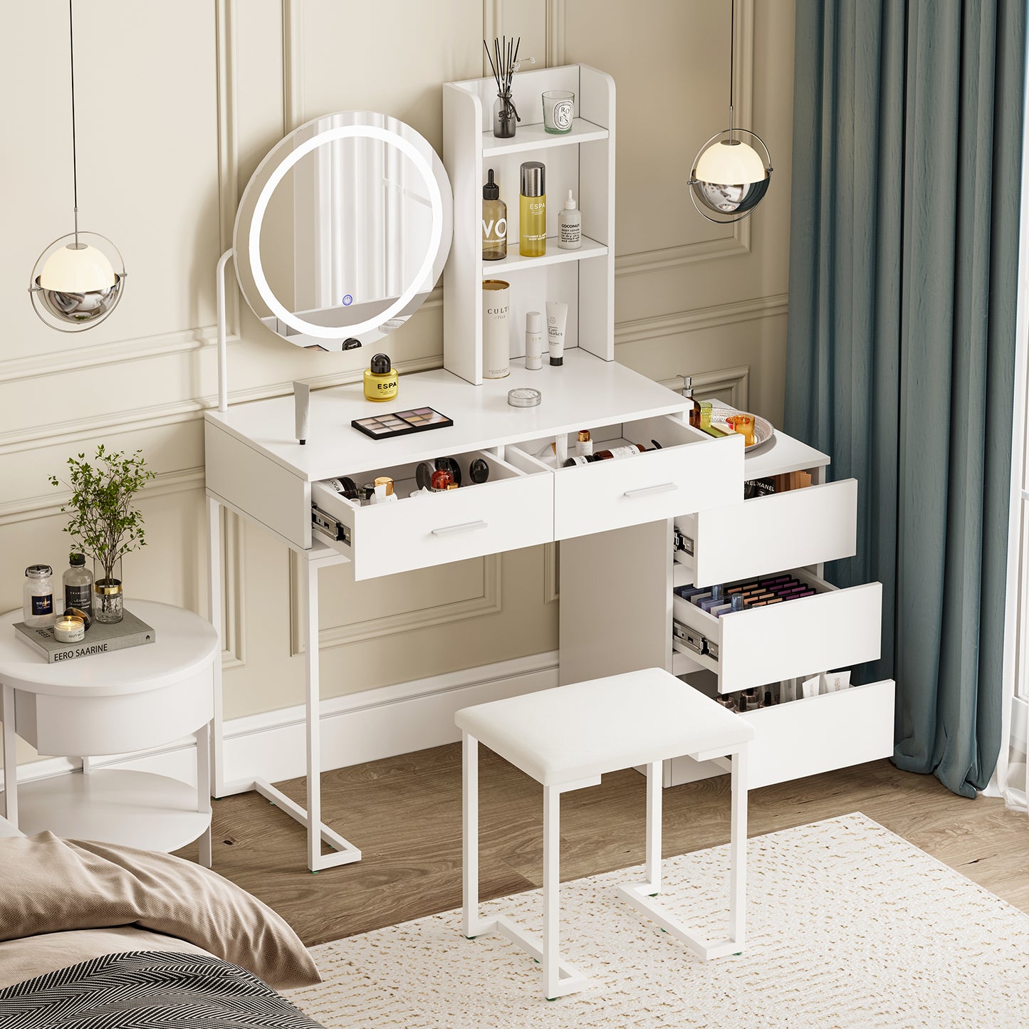 White Vanity Table with LED Round Mirror