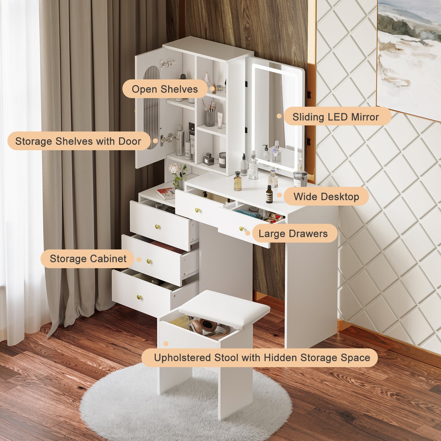Modern Vanity Set with Sliding Mirror