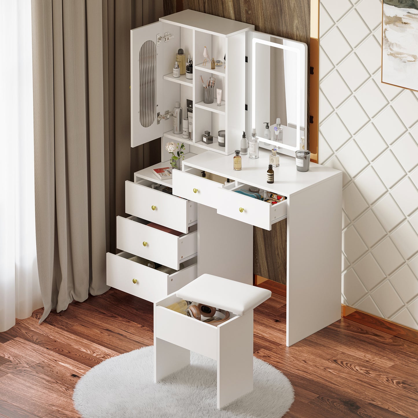 Modern Vanity Set with Sliding Mirror