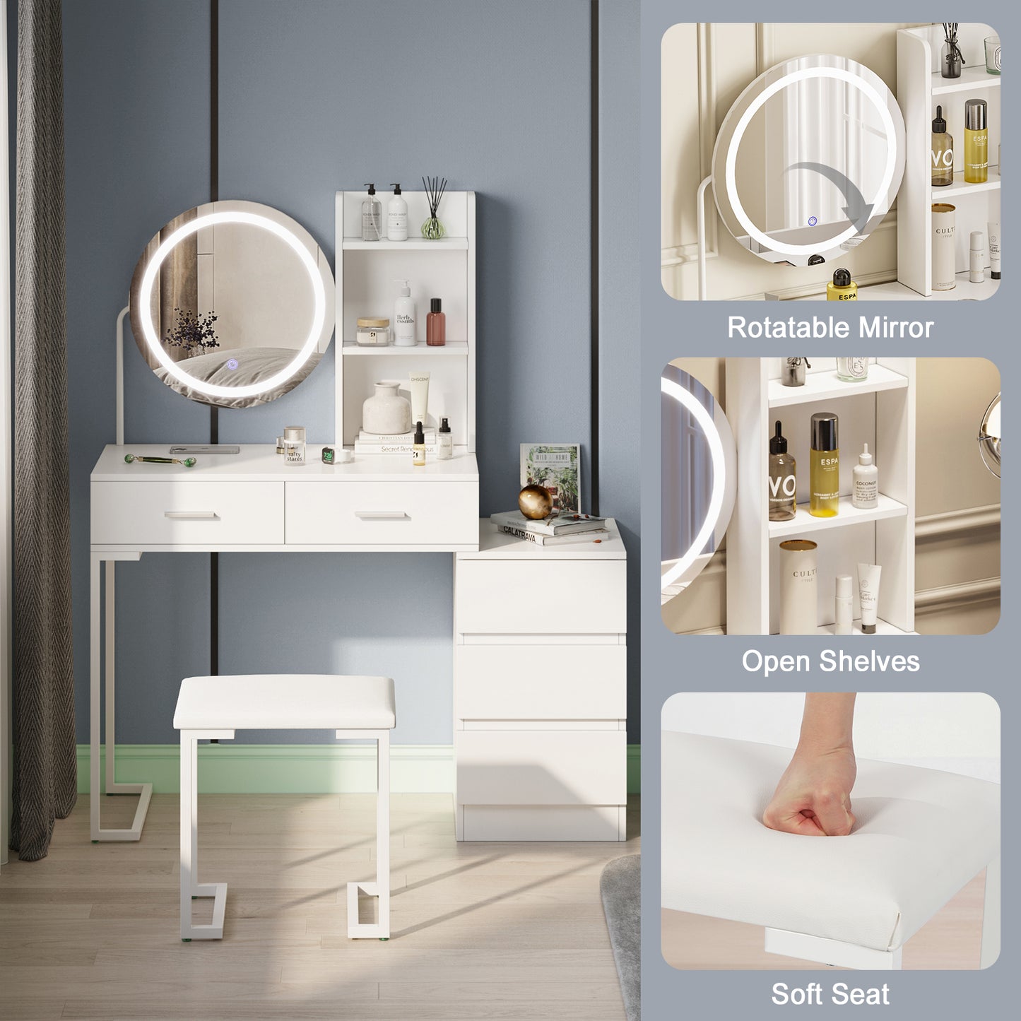 White Vanity Table with LED Round Mirror