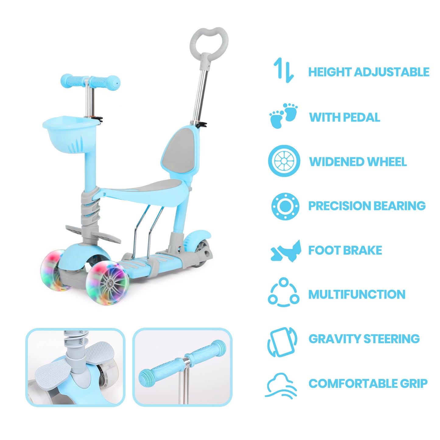 5 in 1 Kick Scooter for Kids with LED Lights