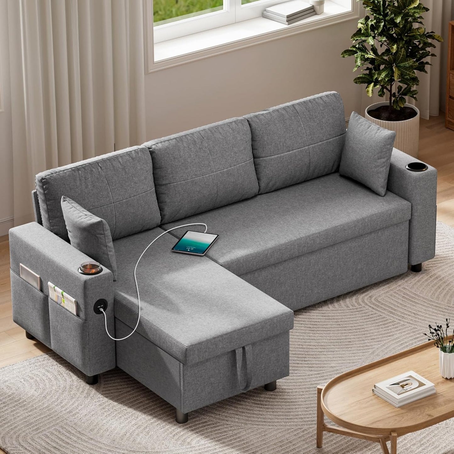 Convertible L-Shaped Sofa Bed with Storage