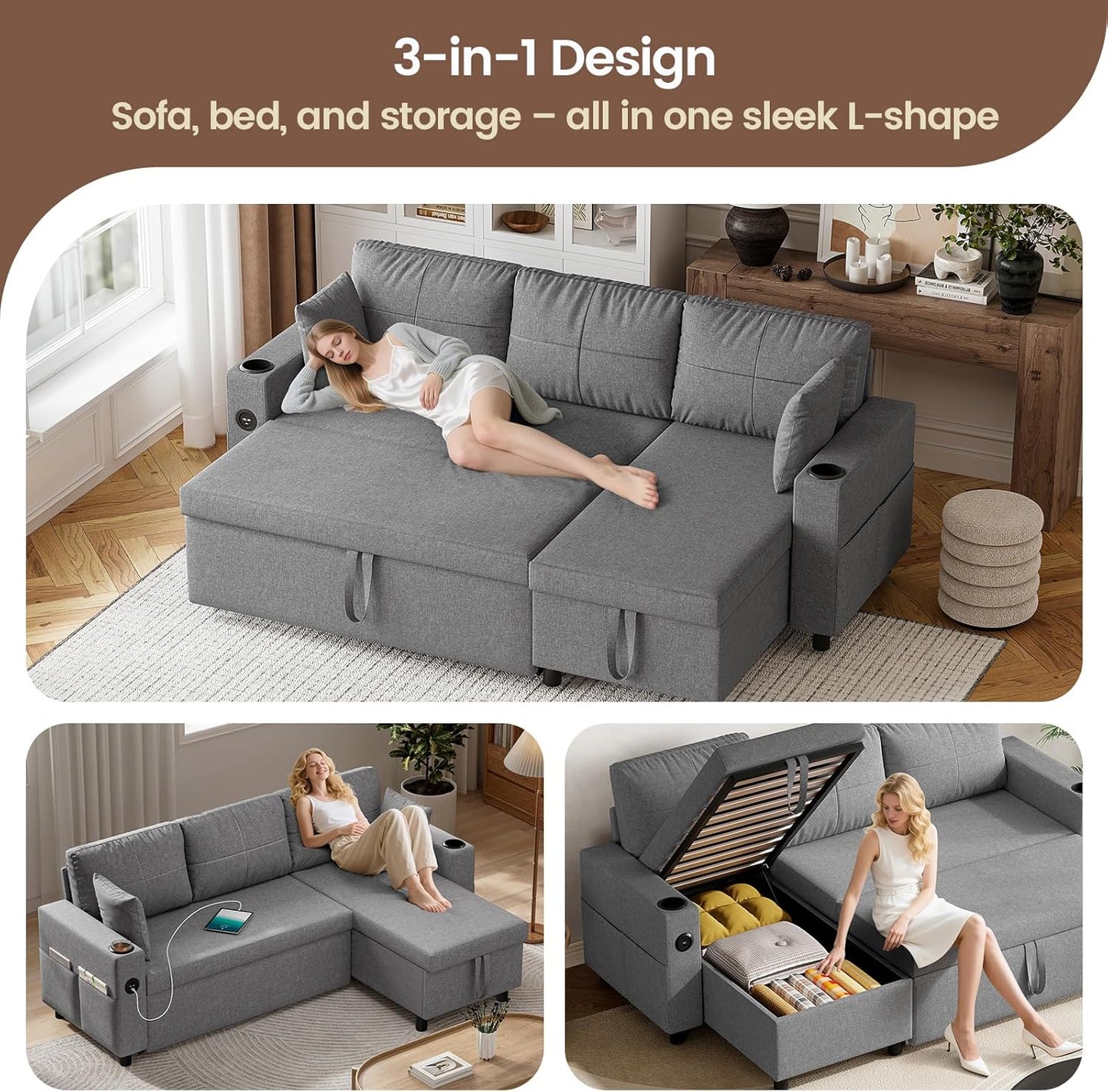 Convertible L-Shaped Sofa Bed with Storage