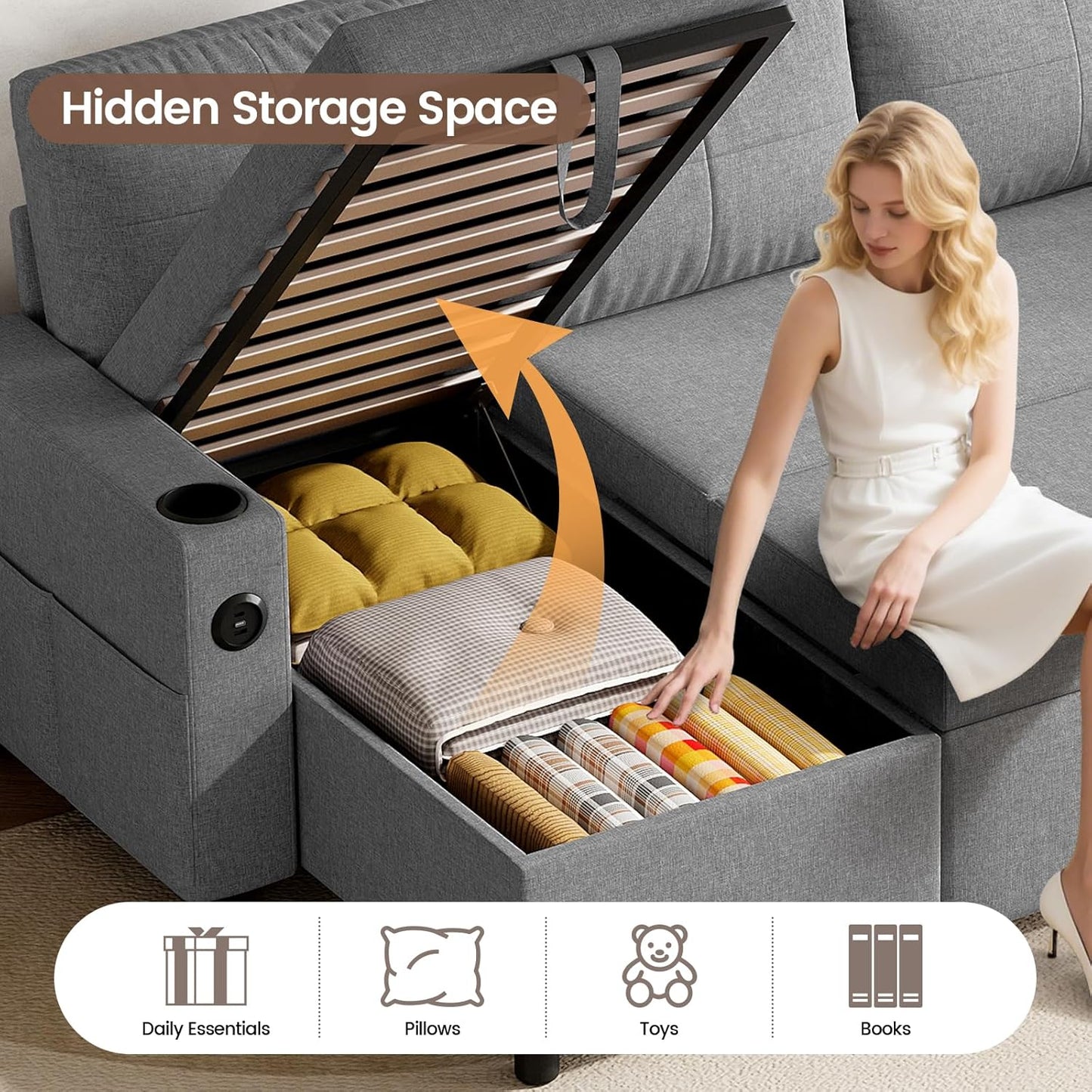 Convertible L-Shaped Sofa Bed with Storage