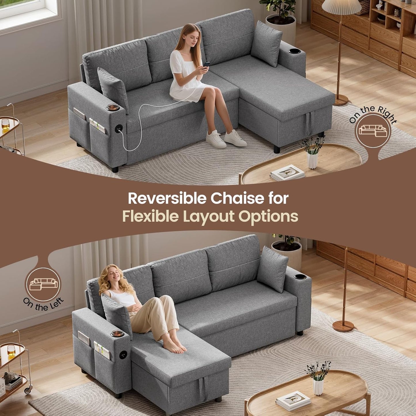 Convertible L-Shaped Sofa Bed with Storage