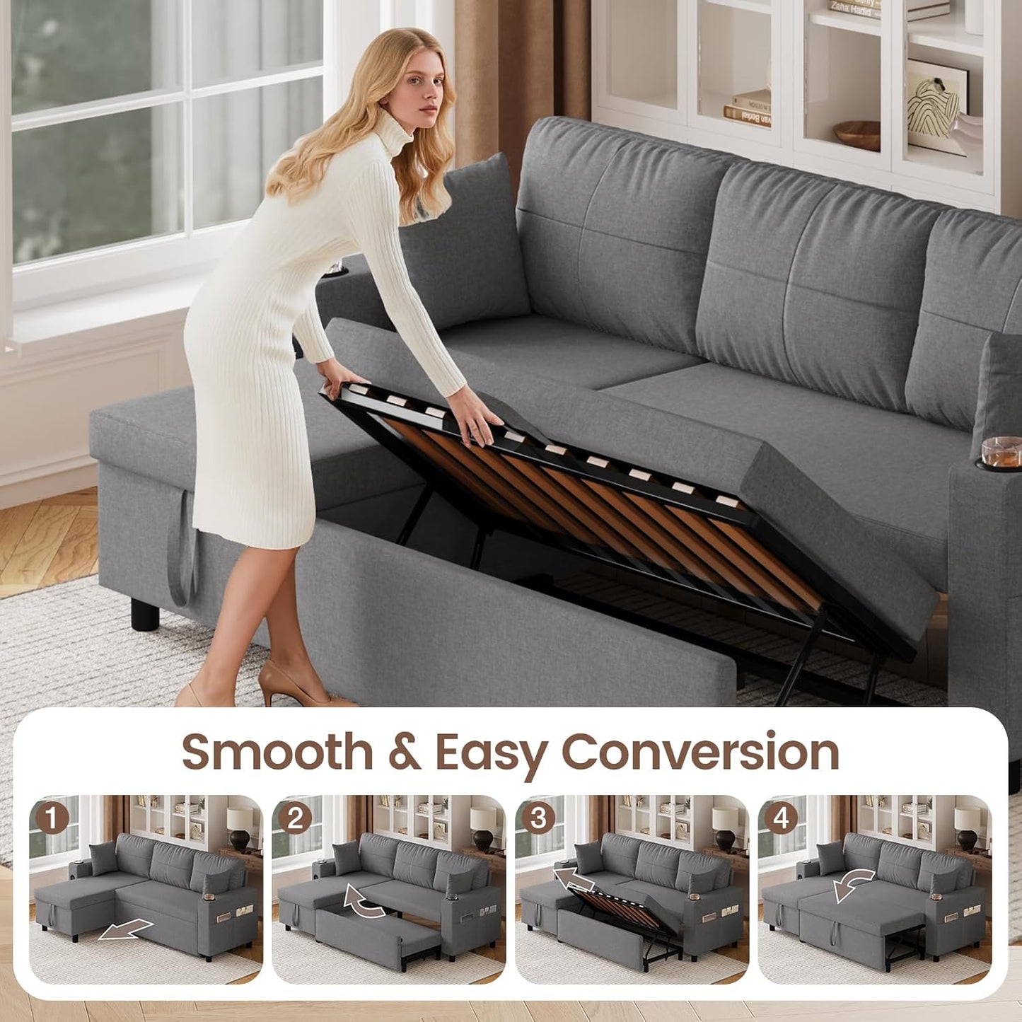 Convertible L-Shaped Sofa Bed with Storage
