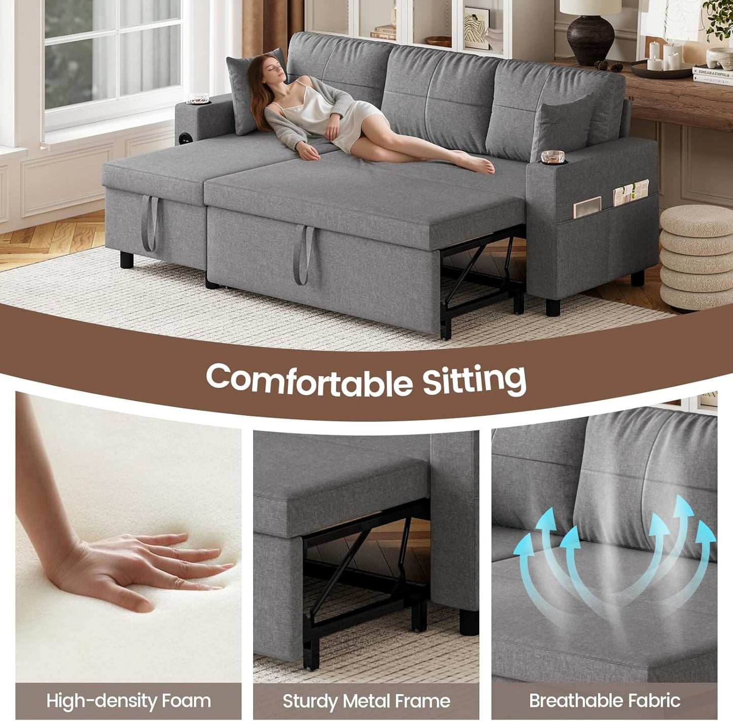 Convertible L-Shaped Sofa Bed with Storage