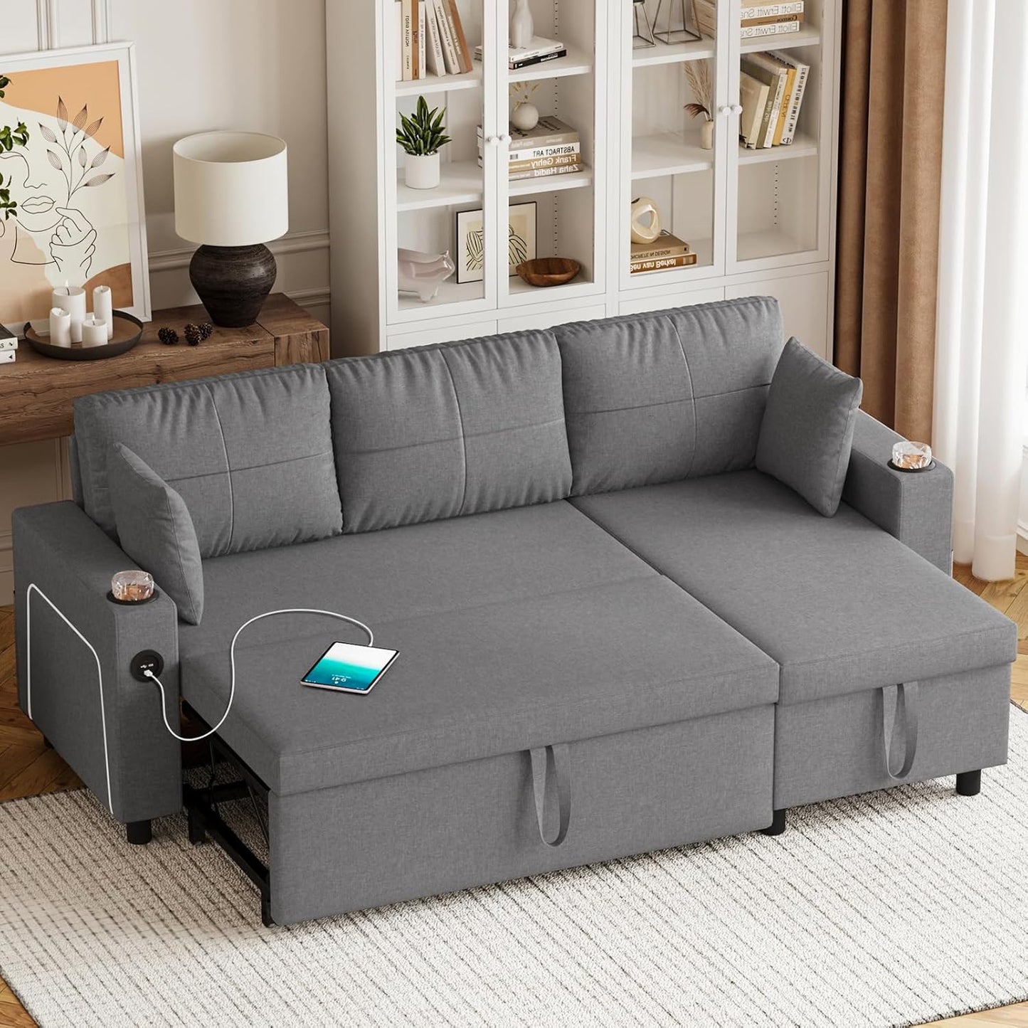 Convertible L-Shaped Sofa Bed with LED Light