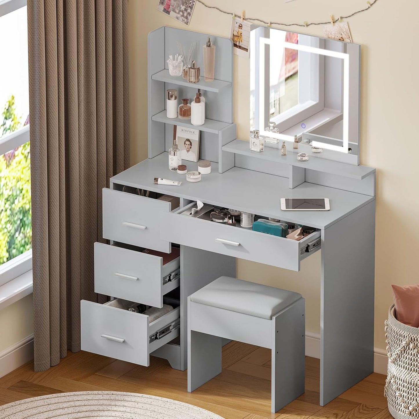 White Dressing Table with Square Mirror