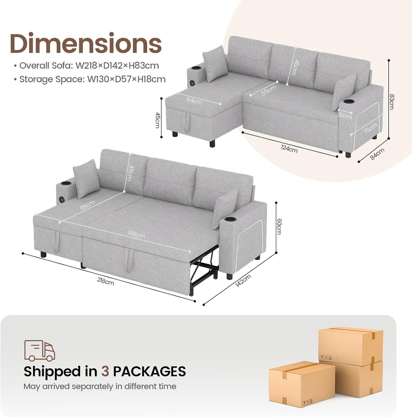 Convertible L-Shaped Sofa Bed with LED Light