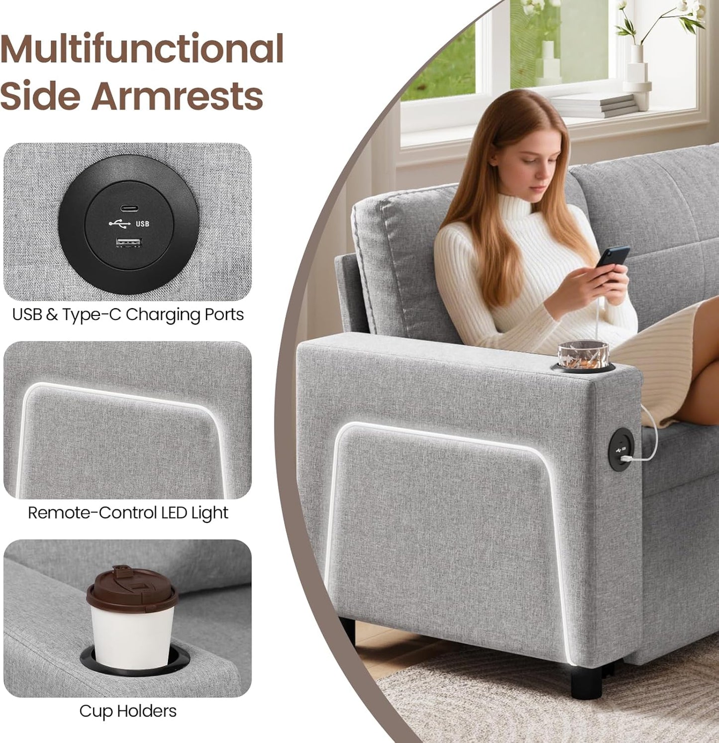 Convertible L-Shaped Sofa Bed with LED Light