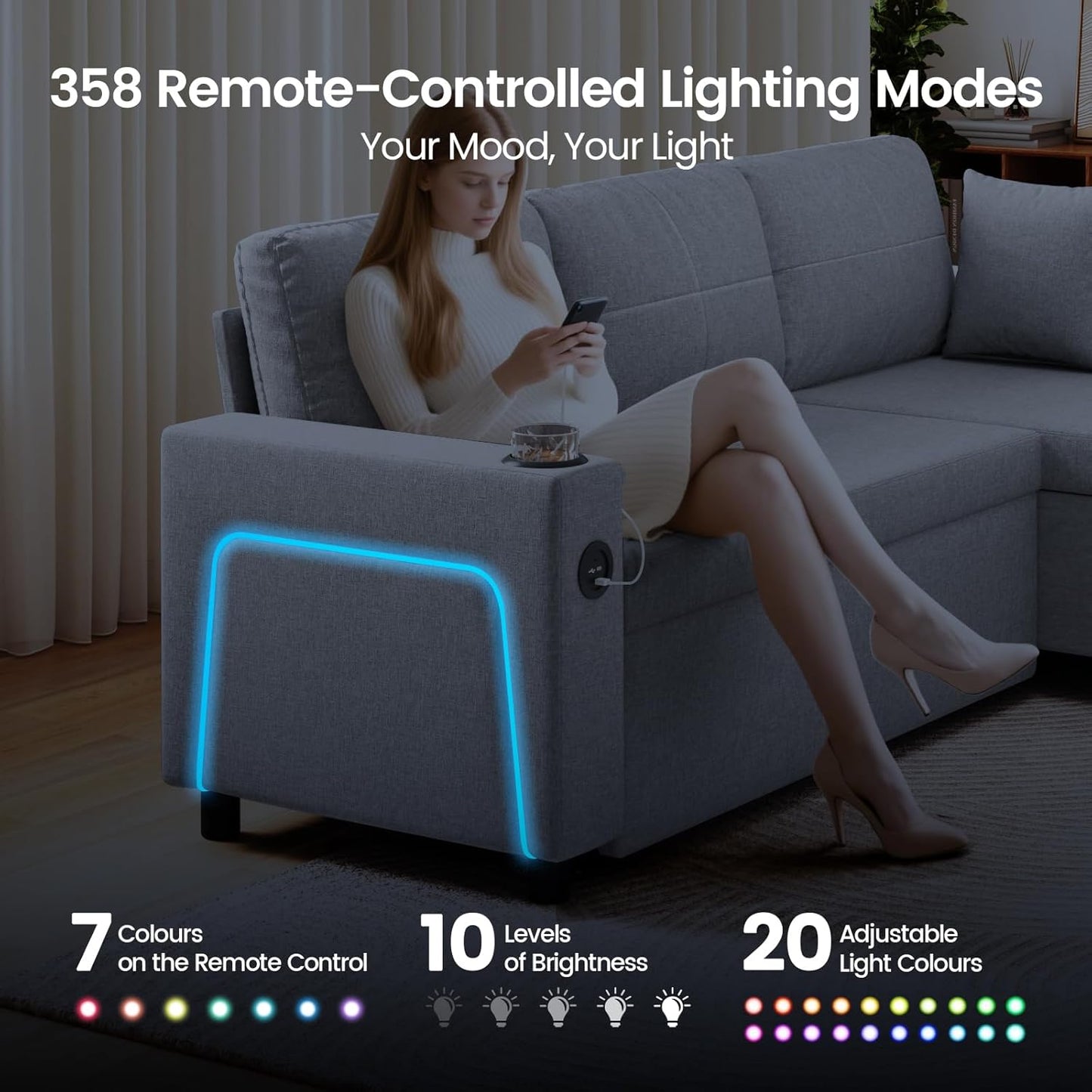 Convertible L-Shaped Sofa Bed with LED Light