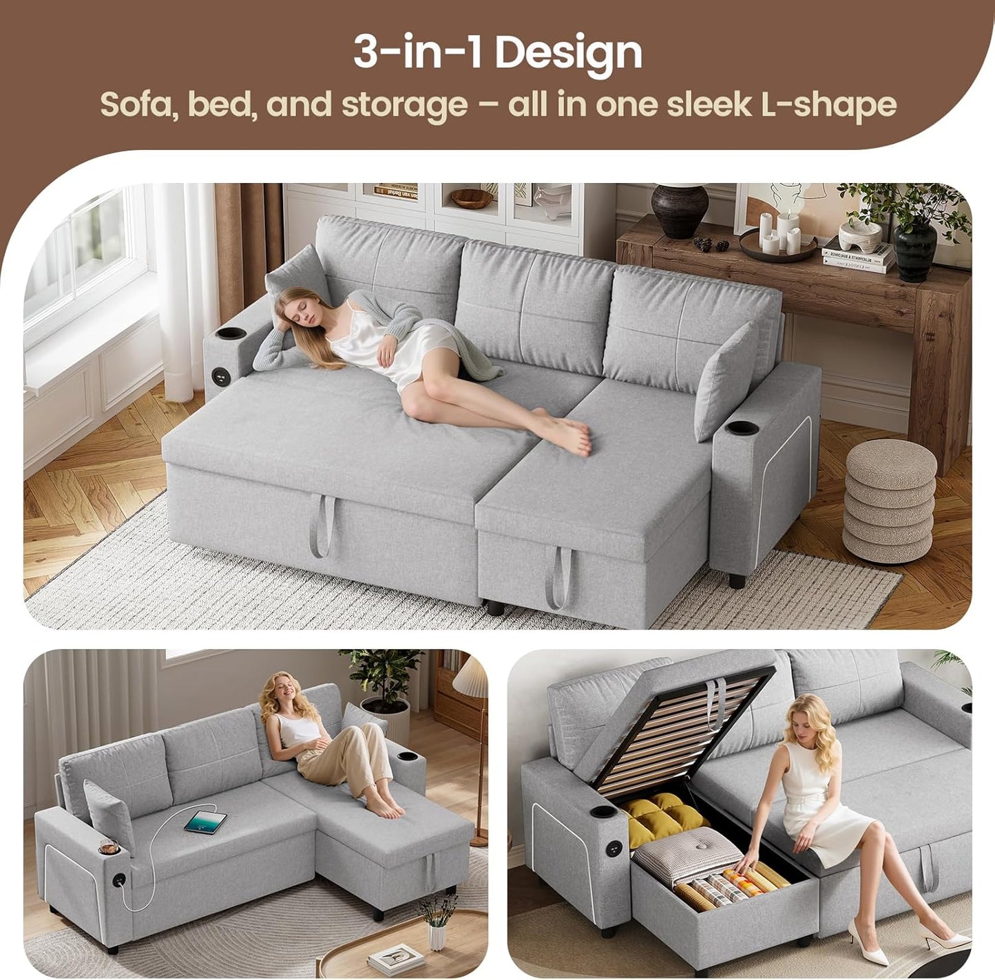 Convertible L-Shaped Sofa Bed with LED Light