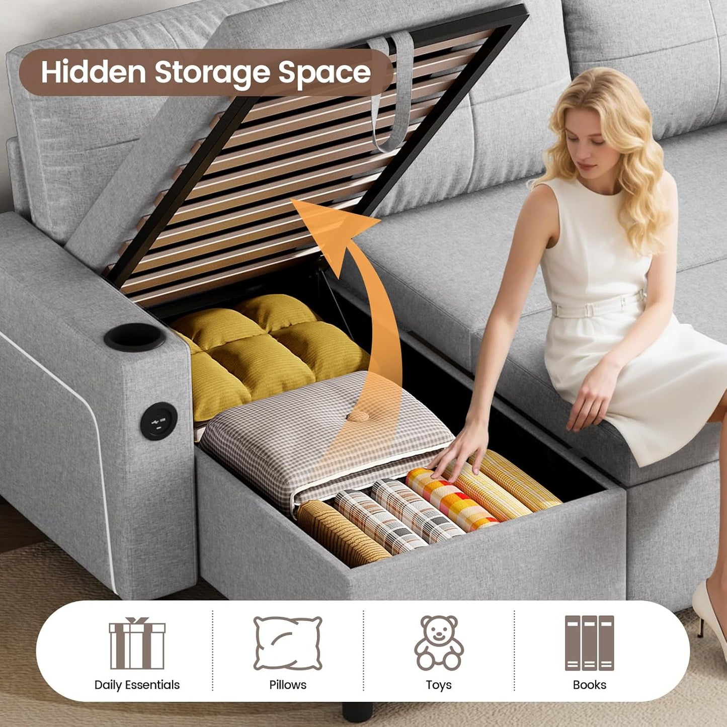 Convertible L-Shaped Sofa Bed with LED Light
