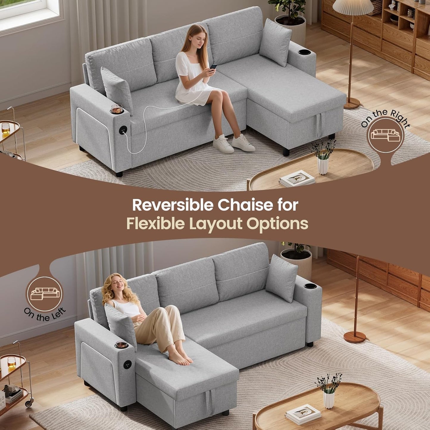 Convertible L-Shaped Sofa Bed with LED Light
