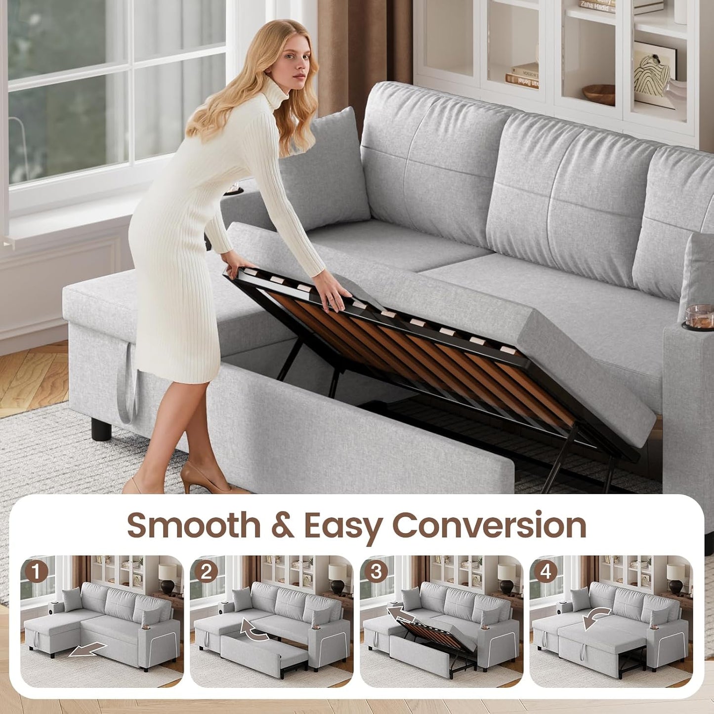 Convertible L-Shaped Sofa Bed with LED Light